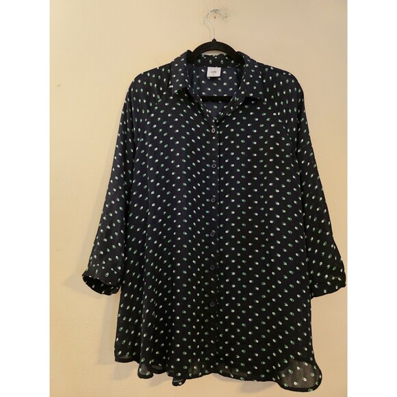 Cabi Womens Size Large Martini Navy Green White Dot Semi-Sheer Flowy  Blouse5019 - Picture 1 of 8